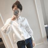2016春新款韩版宽松白色拼接蕾丝泡泡袖长袖T恤衬衫女学生装衬衣