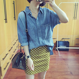 2016夏季新韩国东大门原单宽松蝙蝠袖水洗做旧薄款牛仔衬衫女0303
