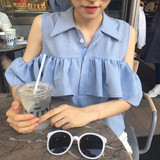 夏装新款韩版小清新露肩袖翻领女T恤 气质木耳荷叶花边娃娃衫衬衫