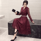 2016秋装新款韩版气质性感修身高腰蕾丝连衣裙女中长款长袖打底裙
