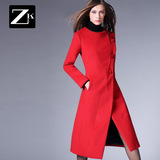 ZK女装2016春冬装新款中长款拼接修身显瘦收腰毛呢外套女呢子大衣