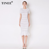 Tinee 2016夏装镂空花纹包臀白色针织连衣裙 夏 修身中长款鱼尾裙