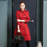 2016春装新款韩版女装气质修身显瘦红色双排扣中长款女式风衣外套