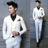韩版修身 绅士条纹白色男士西服套装 新郎西装 三件套X021/F290