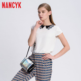 NANCY K2016夏装新品中长款韩版短袖白色雪纺翻领衬衫61524088