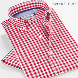 SmartFive 夏季红白格子衬衫修身韩版衣服英伦格子时尚男短袖衬衣