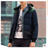 2015冬装新款太平鸟男装修身连帽加厚棉衣外套青年标准保暖纯色
