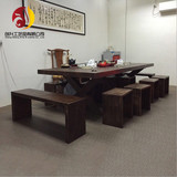 创升LOFT美式复古西餐咖啡厅松木餐桌椅组合长方形全实木桌子