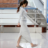 韩国代购2016早春新款女装 连帽条纹上衣开叉半身裙休闲运动套装