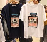 韩国东大门代购2016新春款 女装小香风香水瓶印花休闲圆领短袖T恤
