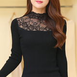 2016新款韩版春秋蕾丝半高领拼接套头打底针织衫女修身长袖显瘦潮