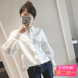 2016春装新款韩版宽松白色拼接蕾丝泡泡袖长袖T恤衬衫衬衣女C065
