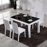 实木纯白亮光烤漆餐桌椅组合黑色钢化玻璃面长方形餐桌吃饭小桌子