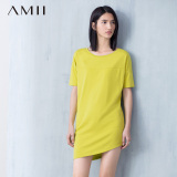 Amii[极简主义]2016夏新款时尚短裙圆领大码显瘦修身短袖连衣裙女