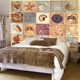 贝壳手绘风格墙纸电视背景墙卧室个性复古壁纸大型壁画定制713