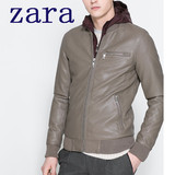 Zara2014新款男装可脱卸帽修身拉链短款仿皮皮衣夹克秋外套包邮