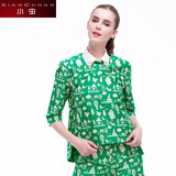 小虫2016夏季新款欧美时尚套头卡通绿色中袖尖领衬衫女上衣短款