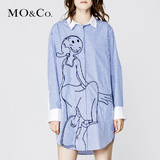 MO&Co.卡通刺绣蓝白条纹长袖宽松衬衫连衣裙MA162SKT154 moco