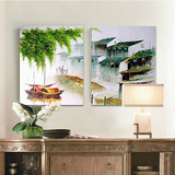 手绘油画欧式现代客厅餐厅玄关双联组合风景江南水乡装饰画抽象