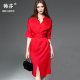 春装新款女装2016欧美名媛气质红色连衣裙中长款修身显瘦优雅礼服