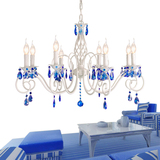 欧式地中海蓝色水晶吊灯美式铁艺白色蜡烛灯具客厅卧室枝型吊灯