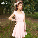 尤麦2016夏季新款欧式复古粉色修身连衣裙女Y31533