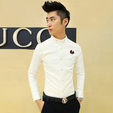 韩版潮流男士白色紧身衬衫英伦学生长袖休闲衬衣修身美发型师寸衫