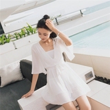 景亦 夏季新款韩版气质V领短袖收腰绑带显瘦棉麻白色连衣裙短裙女