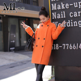 mimi熊新款韩版橙色毛呢外套女中长款韩范立领羊绒大衣潮