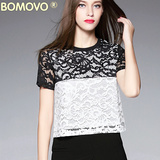 Bomovo2016新款欧洲站黑白蕾丝衫女雪纺衫短袖小衫女显瘦上衣T恤