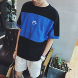 韩版夏季青少年卡通刺绣撞色蝙蝠袖男士短袖休闲宽松半袖衫T恤潮