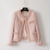 MiNi Studio小香风套装粉色粗花呢 手工订珠修身款长袖短外套套装