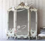 法式复古实木雕花镜面衣柜 美式简欧做旧储物柜 古典卧室组合衣柜