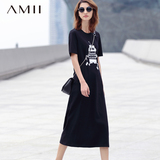 Amii[极简主义]2016春夏长款短袖连衣裙印花休闲裙子修身显瘦长裙