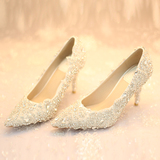 水晶钻高跟礼服鞋细跟新娘鞋尖头女单鞋结婚鞋敬酒鞋白色婚纱鞋子