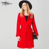 花中央2015秋冬新款大红色羊毛大衣修身喇叭袖毛呢外套女中长款呢
