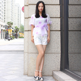 夏装新款韩国小清新拼色花朵欧根纱系带修身短袖 上衣女