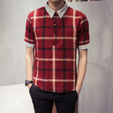 格子亚麻男士短袖T恤衫撞色潮男上衣青年韩版修身透气半袖打底衫