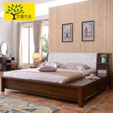 艾禧 胡桃木实木床1.8米现代中式简约双人床 卧室布艺床软靠 婚床