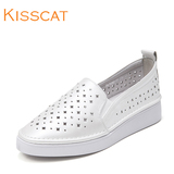 KISS CAT/接吻猫2016新款平跟圆头懒人鞋镂空轻奢小白鞋休闲女鞋