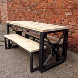 美式复古纯实木长凳餐桌椅组合 做旧原木餐厅咖啡厅桌椅三件套
