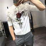 韩国代购男士中袖衬衣个性修身五分袖寸衫薄款衣服男长袖花衬衫