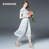 ZIMMUR2016夏季新款女装立领短袖中腰气质修身中长款白色连衣裙夏