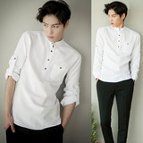 春装韩版修身男士长袖衬衫 夏季青年亚麻衬衫 英伦男休闲立领衬衣