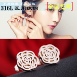玫瑰金耳钉女日韩国简约玫瑰花防过敏百搭钛钢耳饰品18K彩金耳环