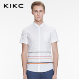 kikc2016春季男装新款 欧美简约拼接花边条纹短袖男士休闲衬衫