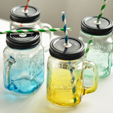 创意渐变彩色梅森玻璃瓶夏日果汁饮料透明带盖有吸管鸡公水杯子