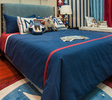 阿玛家纺儿童床上用品地中海美式卡通8件 样板房男孩床品套件蓝色