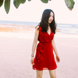 酸酸家 夏新款V领系带复古正红色收腰显瘦修身小红裙无袖连衣裙