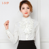 2016春季韩版新款衬衫女长袖修身荷花边职业女装衬衣打底衫上衣